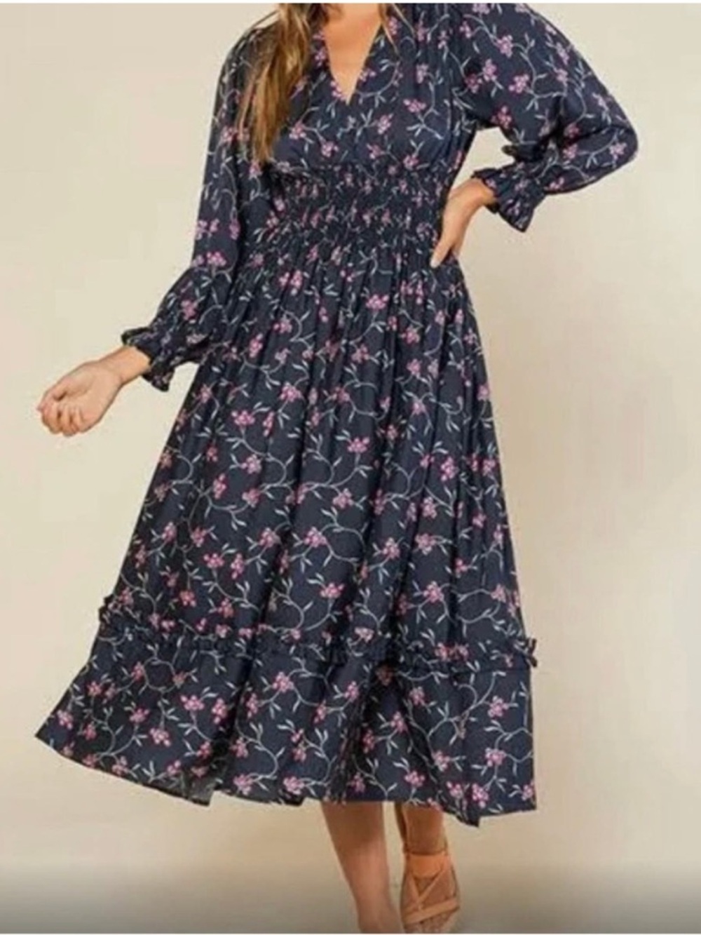 NWT Outerknown Sundance Oceana Midi Floral Long Sleeve Dress Navy Pink XS - Picture 4 of 15